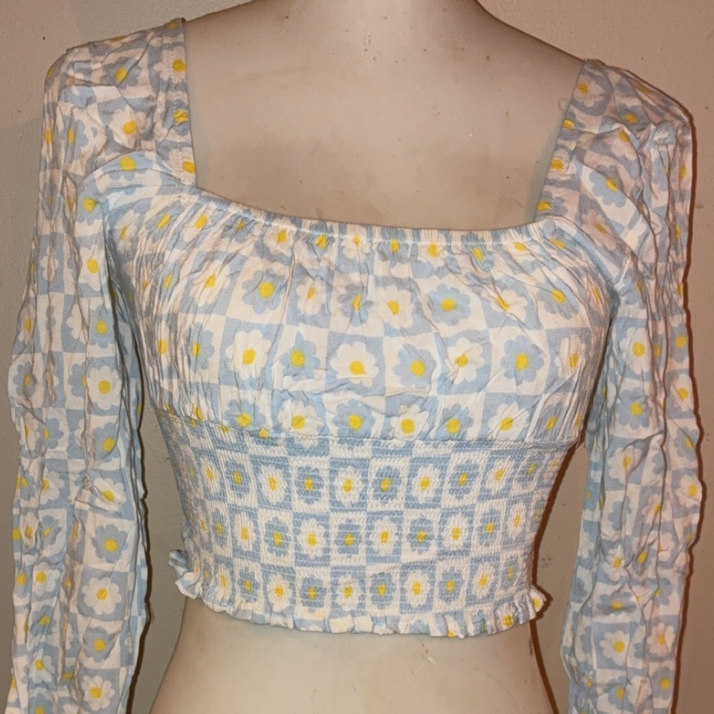 L.A. Hearts Smocked Off Shoulder Blue Gingham Daisy Crop Top Small